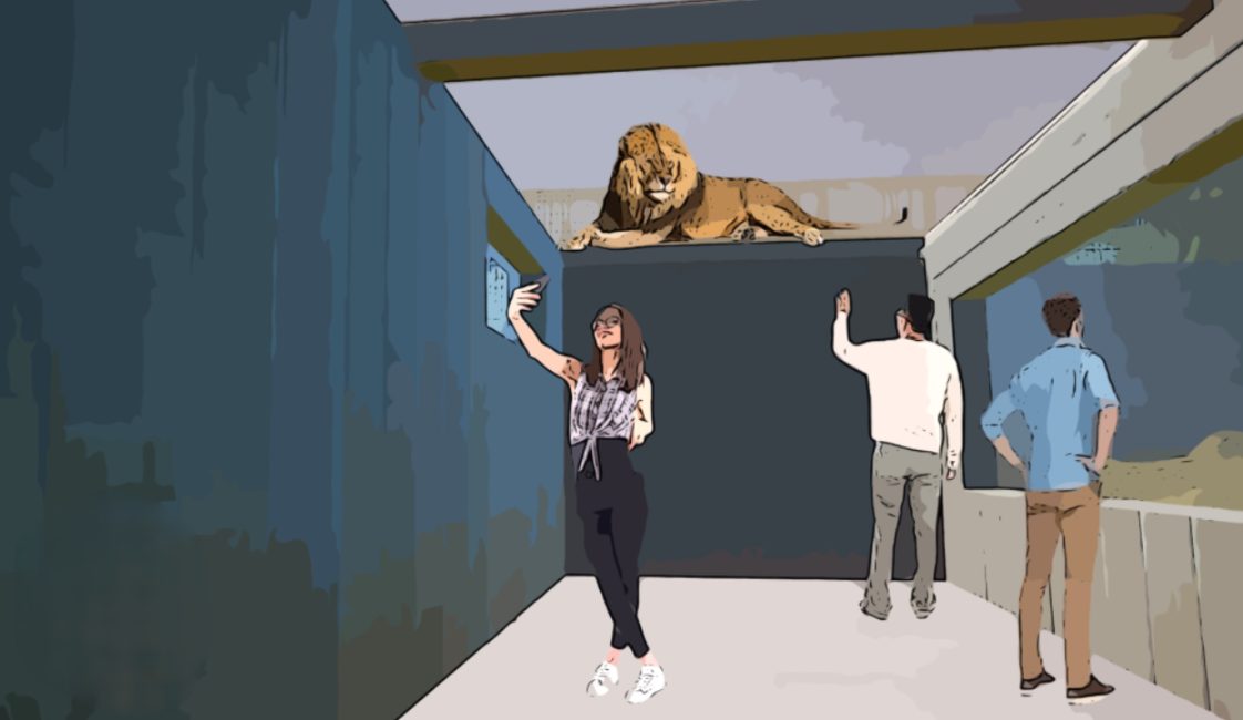 Entwurfszeichnung der „Grotta dei Leoni“: Besucher im Inneren der Grotte, über ihnen ein Löwe, hinter der Glasfront.