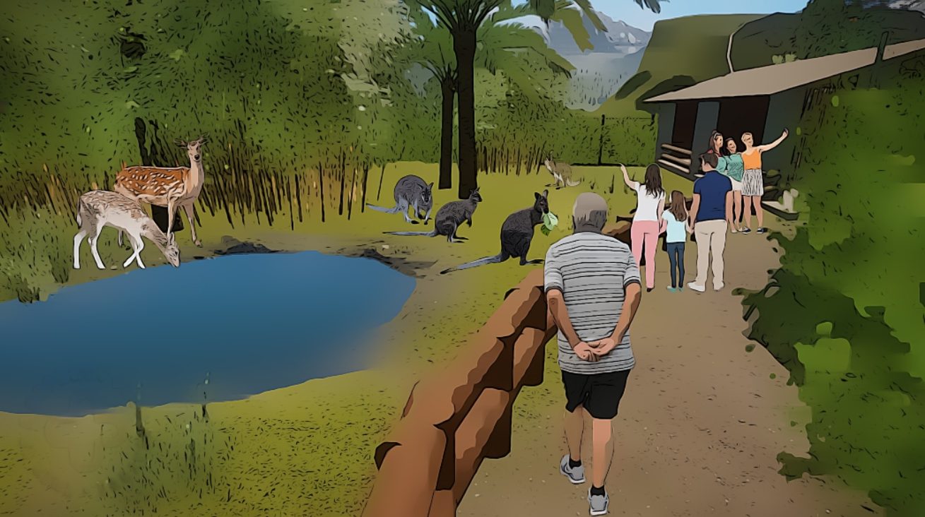 Entwurf der „Australian Trails“: Besucher auf einem Weg zwischen Wallabys, mit dem Teich daneben.